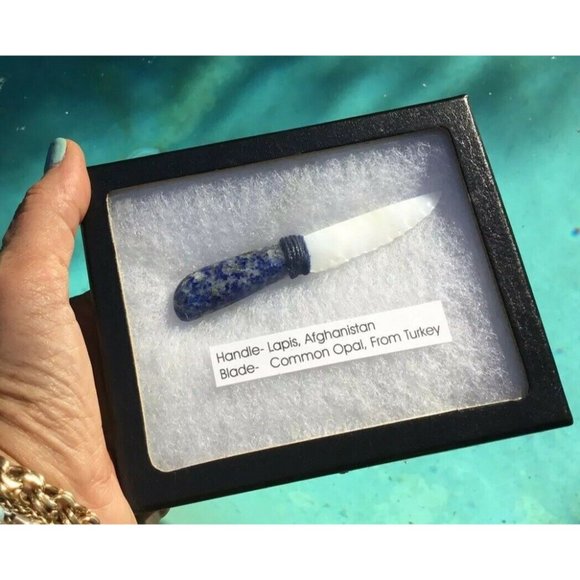 Decorative Handcarved Dagger Lapis Lazuli Handle Opal Blade Semi Precious Stones - Picture 4 of 7